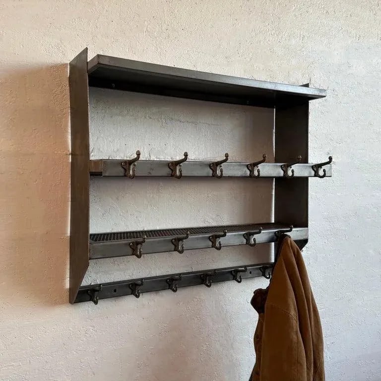 1950s Industrial Brushed Steel Gymnasium Wall Mount Shelf Unit Coat Rack - 4