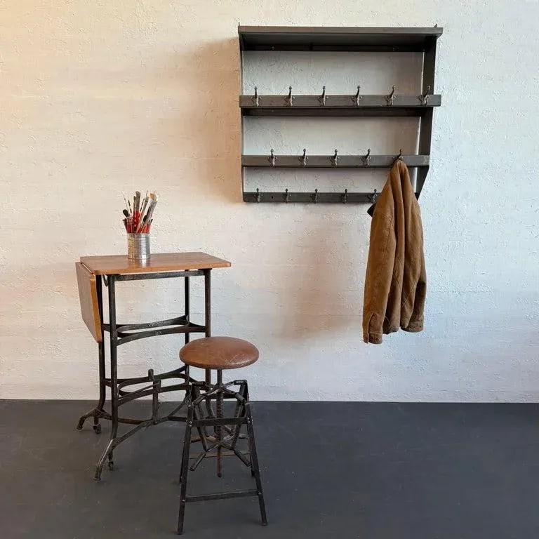 1950s Industrial Brushed Steel Gymnasium Wall Mount Shelf Unit Coat Rack - 5