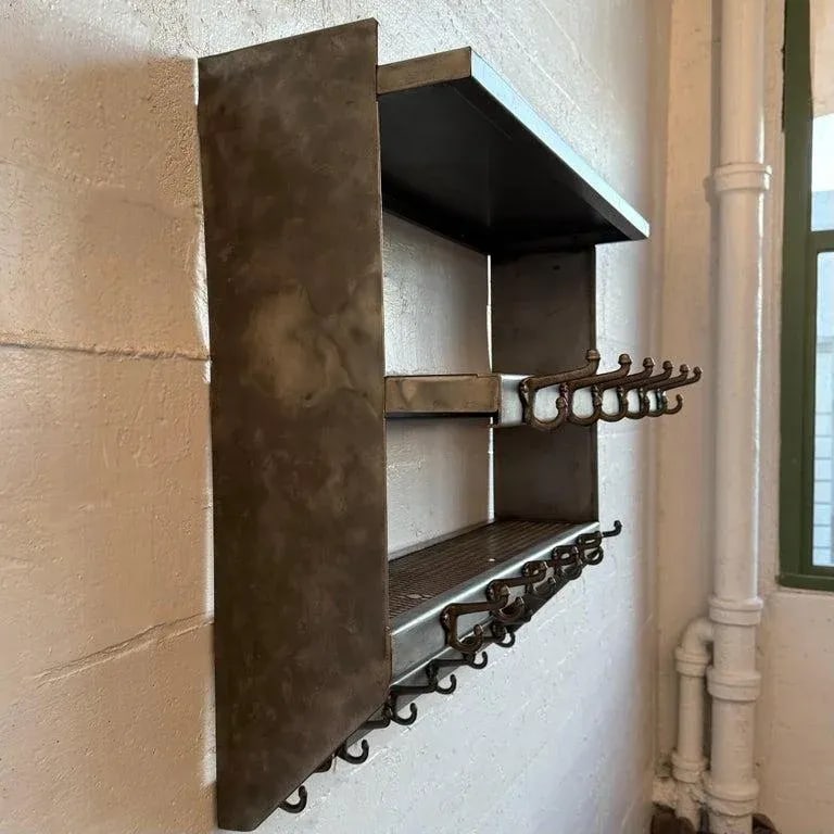 1950s Industrial Brushed Steel Gymnasium Wall Mount Shelf Unit Coat Rack - 6