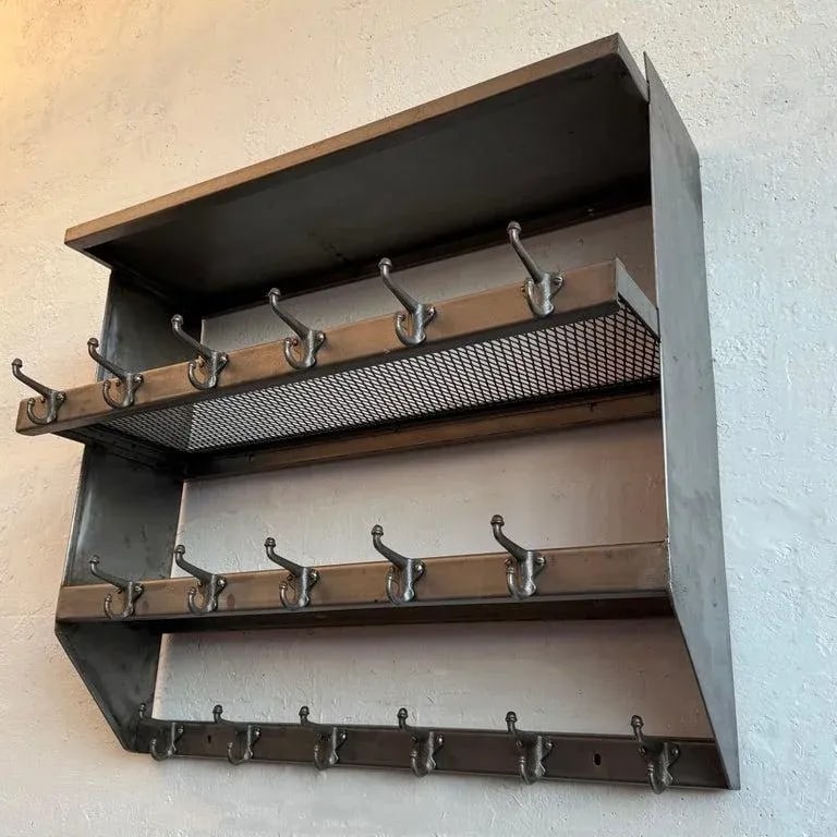 1950s Industrial Brushed Steel Gymnasium Wall Mount Shelf Unit Coat Rack - 7