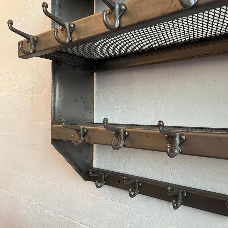 1950s Industrial Brushed Steel Gymnasium Wall Mount Shelf Unit Coat Rack - 9