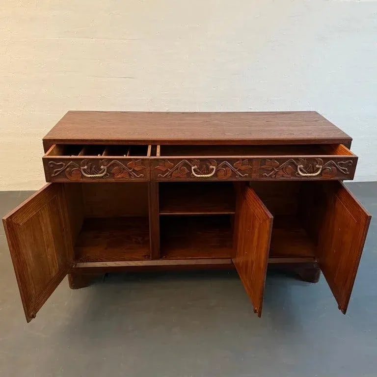 1940s Craftsman Carved Oak Sideboard Credenza by Old Hickory Furniture Company - 6