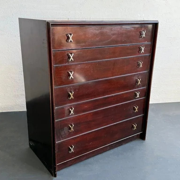 1950s High-Boy Dresser With Nickel X-Shaped Pulls by Paul Frankl for Johnson Furniture - 12