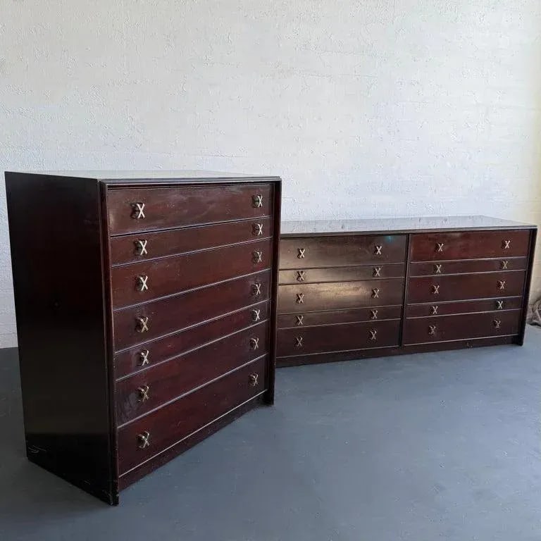 1950s High-Boy Dresser With Nickel X-Shaped Pulls by Paul Frankl for Johnson Furniture - 3