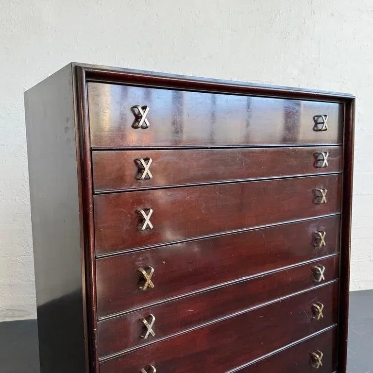 1950s High-Boy Dresser With Nickel X-Shaped Pulls by Paul Frankl for Johnson Furniture - 7