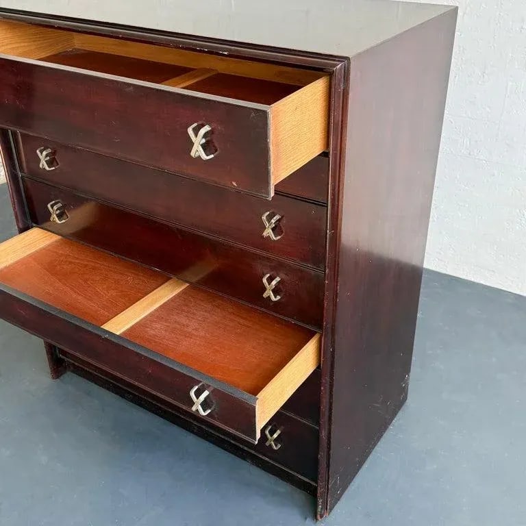 1950s High-Boy Dresser With Nickel X-Shaped Pulls by Paul Frankl for Johnson Furniture - 8