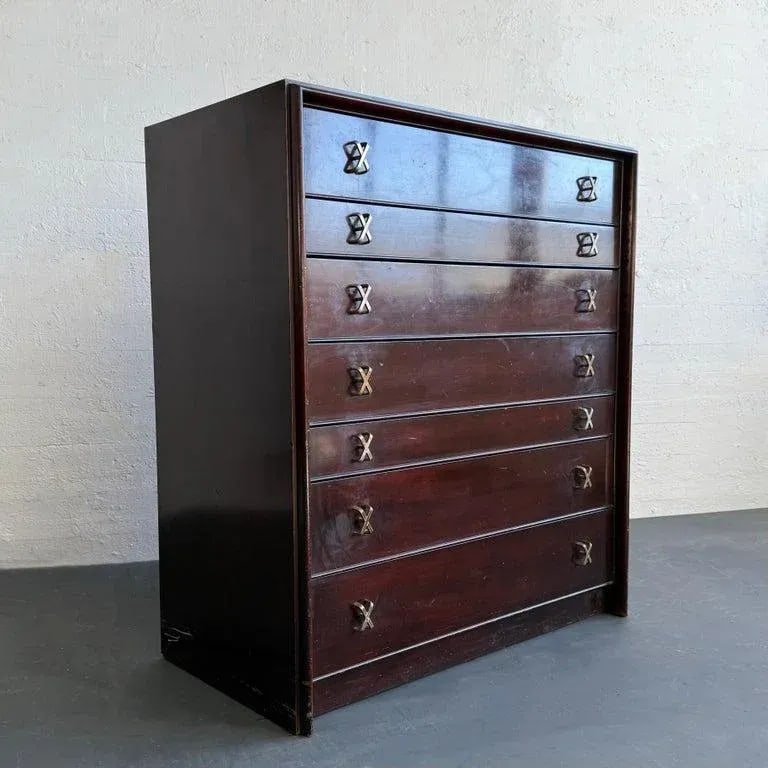 1950s High-Boy Dresser With Nickel X-Shaped Pulls by Paul Frankl for Johnson Furniture - 9