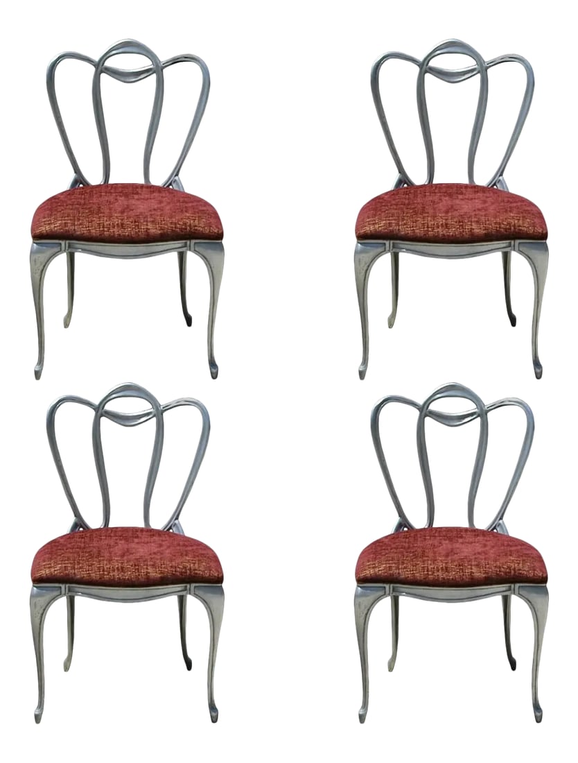 Hollywood Regency Aluminum Chairs - Set of 4: Set of four, Hollywood Regency, Art Nouveau, chairs with organic, vine motif, cast aluminum frames are newly upholstered in a rich, contrasting, burgundy, gold velvet. The Vitrolite table shown is