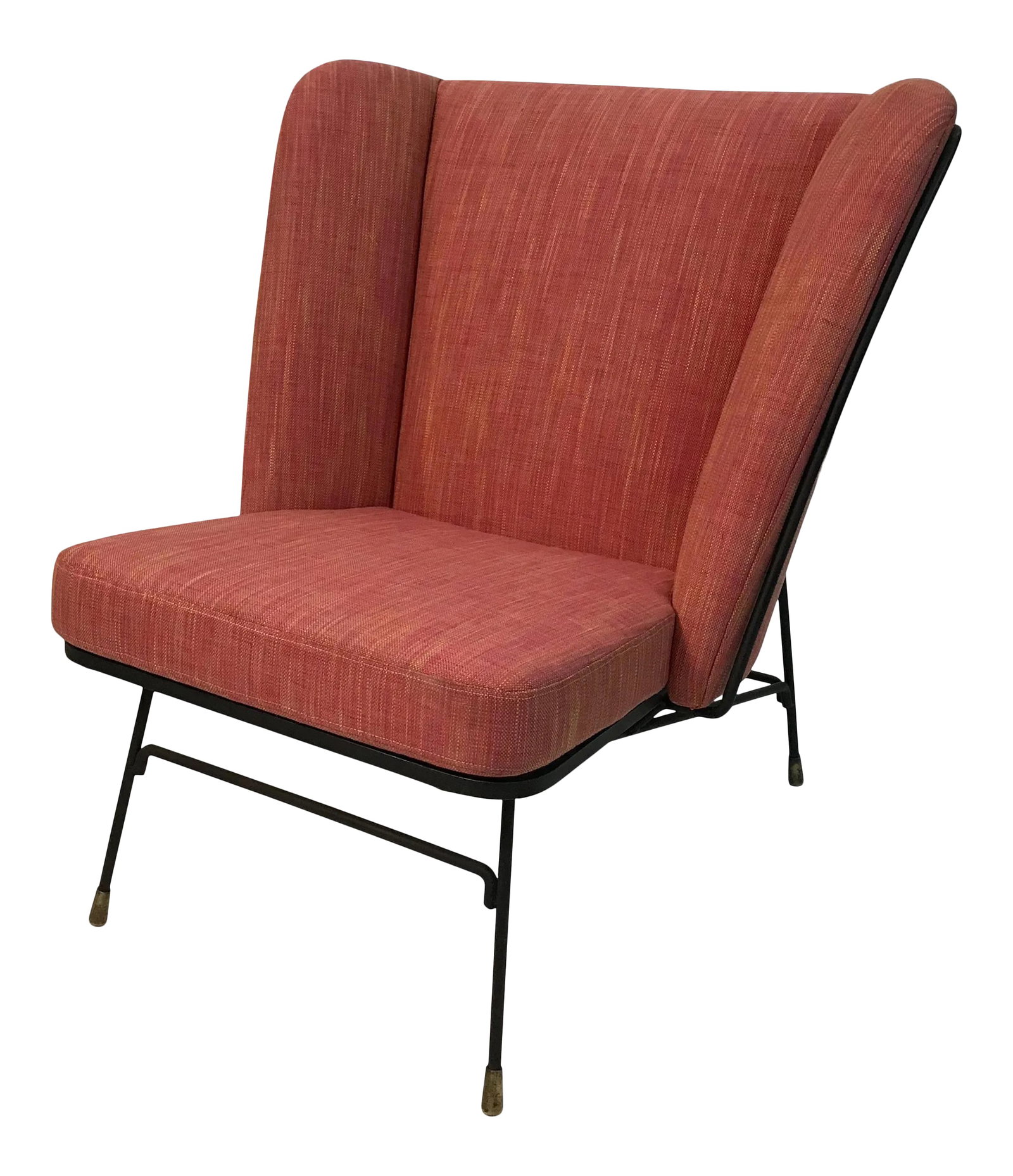 Mid-Century Modern Wrought Iron Upholstered Wingback Chair: Mid-Century Modern, high, wingback, lounge chair features a minimal, wrought iron frame newly upholstered in a raspberry, cotton linen blend. Is attributed to Adrian Pearsall. Condition: Alterations: 