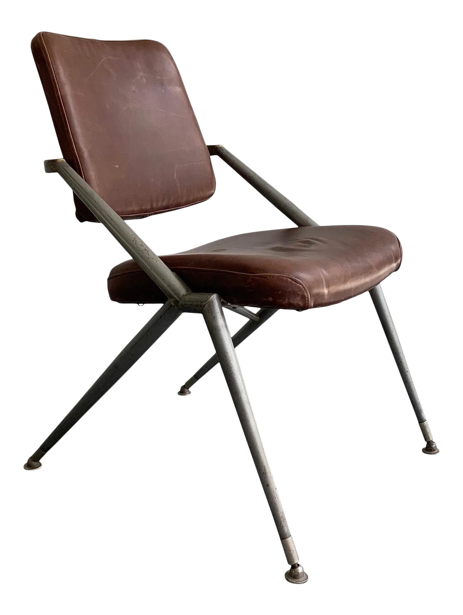 Mid-Century Steel and Leather Office Chair by Cramer: Prototype, Mid-Century Modern, office, desk chair by Cramer features a stylized steel frame with newly upholstered, luggage leather seat and back. This prototype is institutional midcentury at it's fi