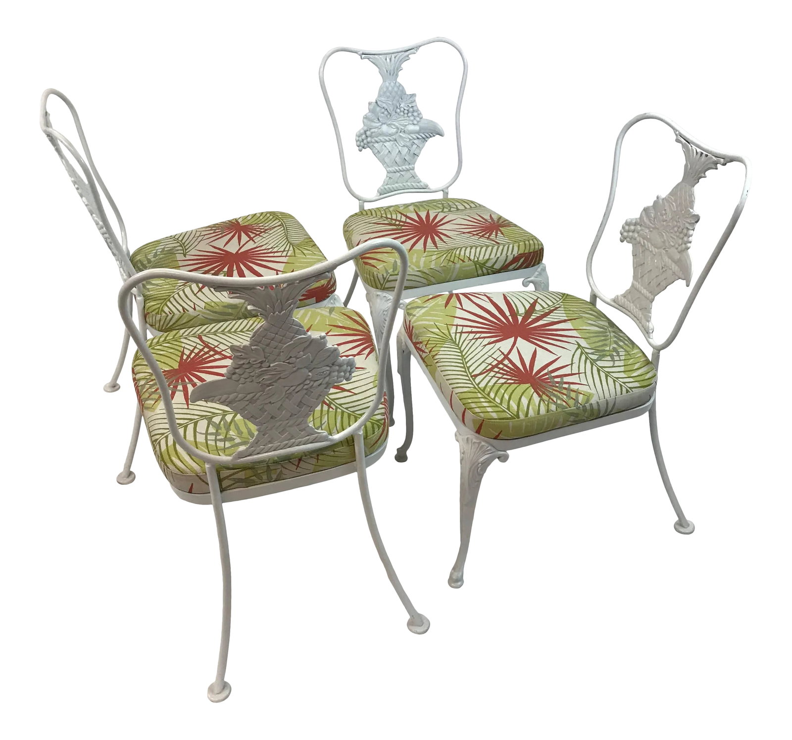 Hollywood Regency Wrought Iron Dining Chairs - Set of 4: Set of four, Hollywood Regency, patio chairs feature painted, wrought iron, pineapple motif frames with newly upholstered seats. The chairs are perfect for a sun room or covered patio. The seats are n