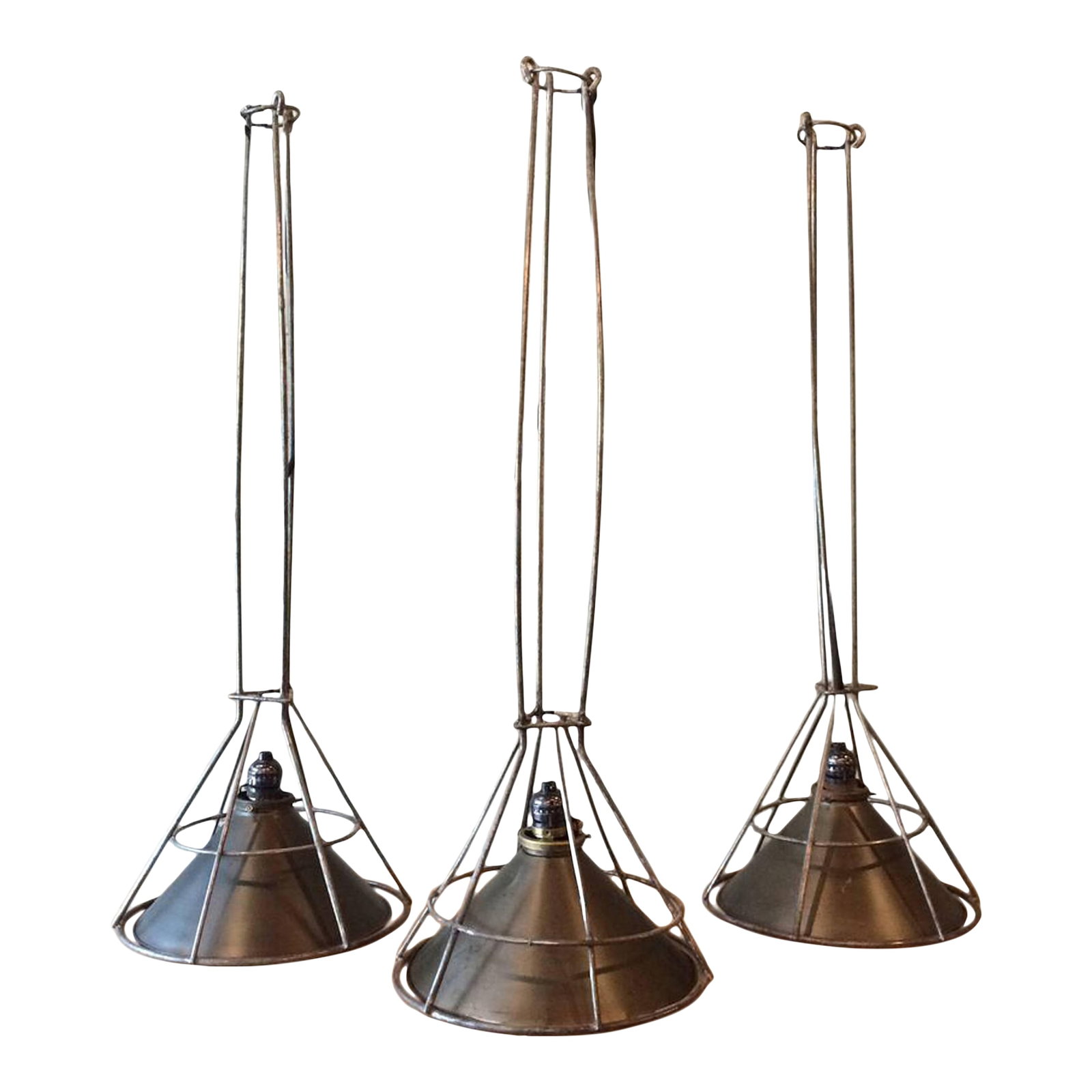 1940s Set of 3 Custom Industrial Gunmetal and Brushed Steel Pendant Lights (1 of 9)
