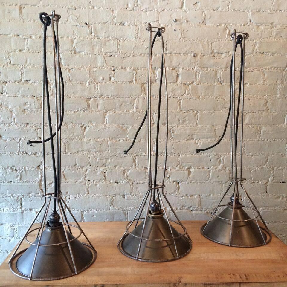 1940s Set of 3 Custom Industrial Gunmetal and Brushed Steel Pendant Lights - 2