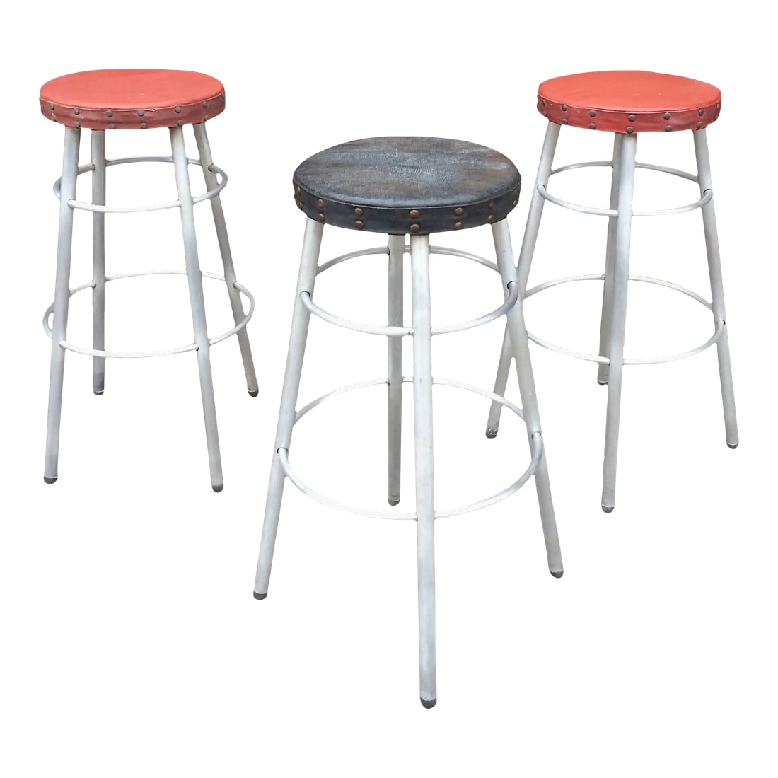 1930s Machine Age Tubular Aluminium Counter Stools by Alcoa Aluminum Co - Set of 3: Set of three, machine age, tubular aluminium counter height stools by Alcoa Aluminum Company with original vinyl seats with nailhead trim. Measures: The seat diameter is 12 inches and the footprint
