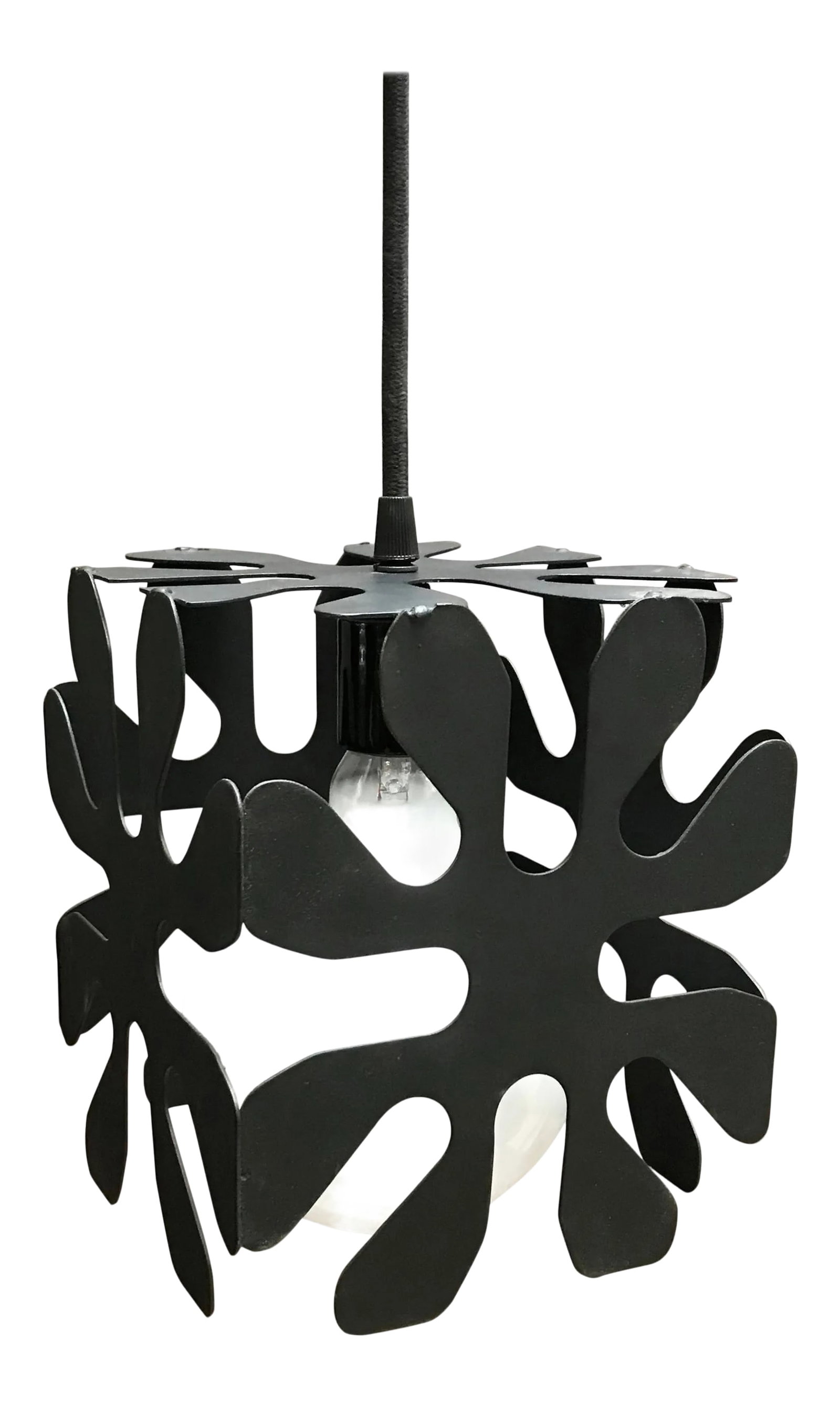 Mid-Century Modern Wrought Iron Cubed Flower Pendant Light: Mid-Century Modern, wrought iron pendant light features a cubed flower motif with 50 inches of cord. Shown with a large round opaque bulb but can be used with the bulb of your choice. Condition: