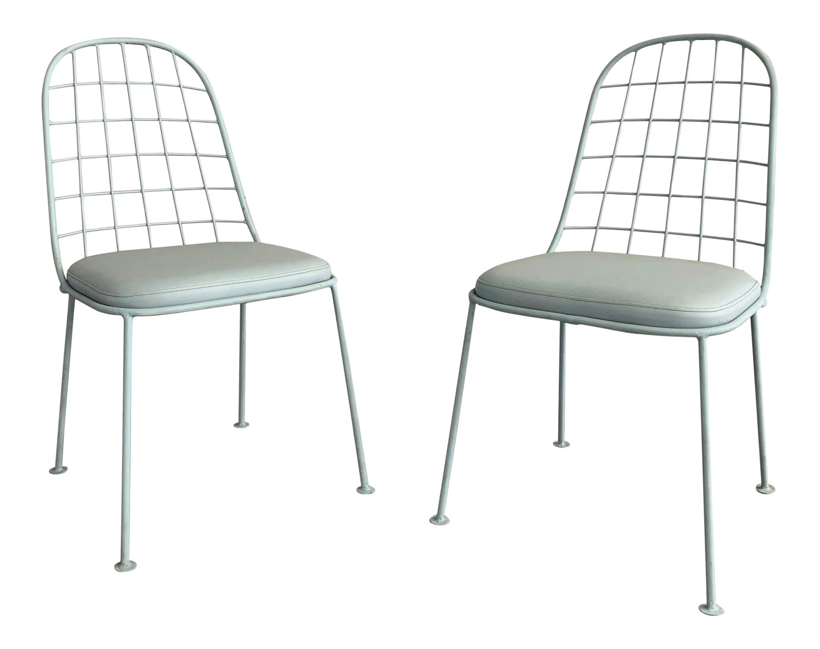 Mid-Century Modern Painted Wrought Iron Outdoor Patio Chairs - a Pair: Pair of Mid-Century Modern, outdoor, patio, garden chairs feature painted, wrought iron grid frames with matching vinyl upholstered cushions. Condition: Alterations: Restored Imperfections: Some Imper