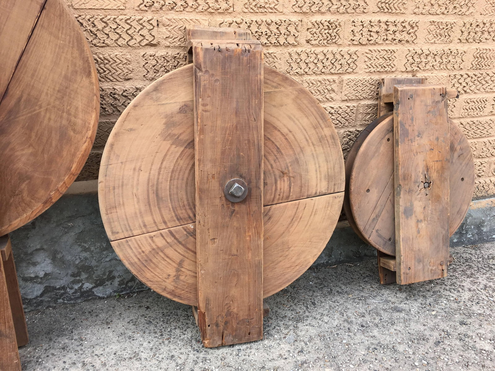 Trio of Antique Industrial Maple Dumb Waiter Pulleys - 2