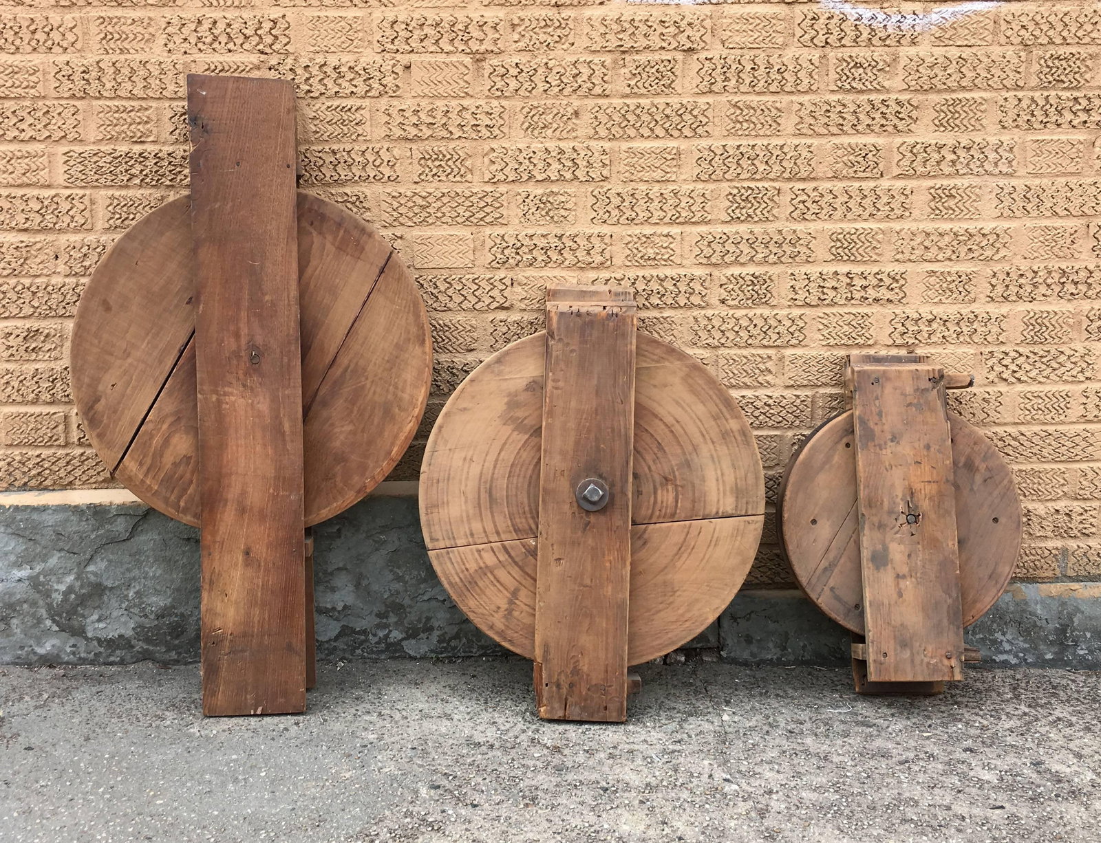 Trio of Antique Industrial Maple Dumb Waiter Pulleys - 3