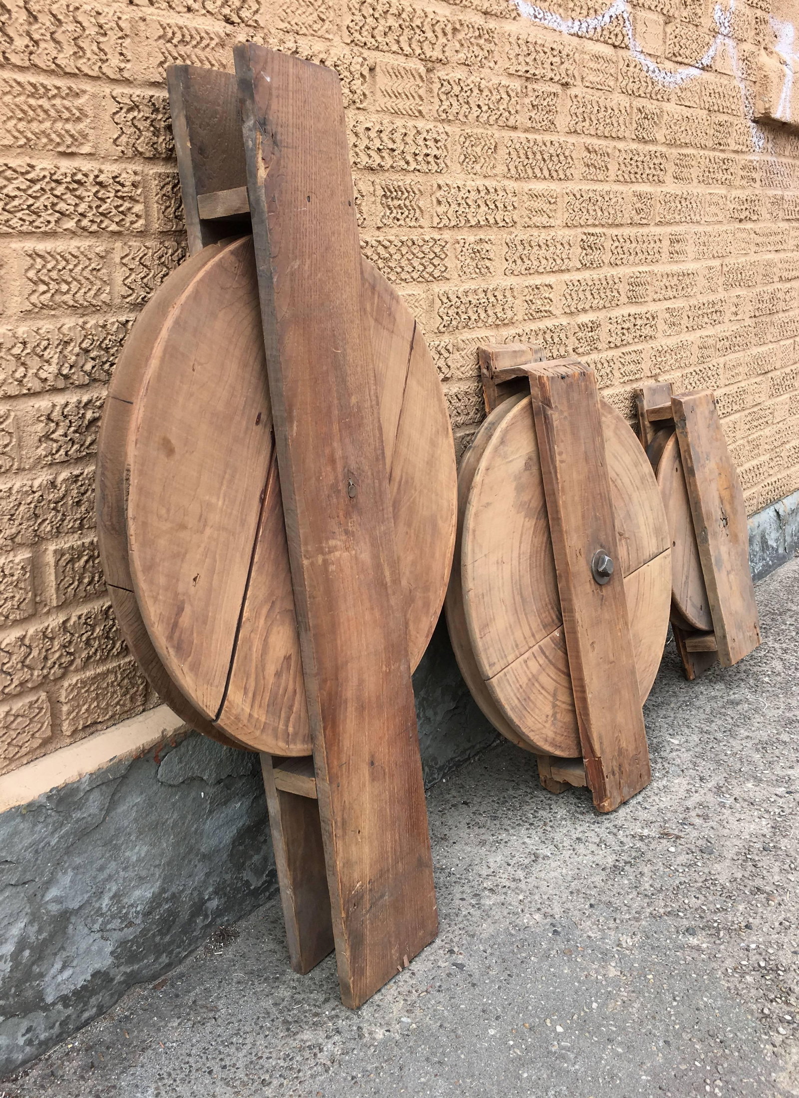 Trio of Antique Industrial Maple Dumb Waiter Pulleys - 4