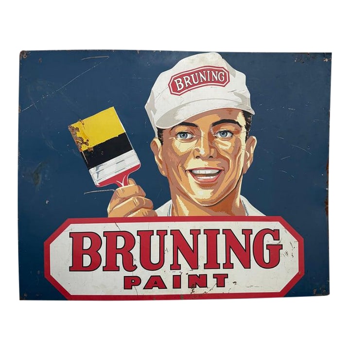1950s Large Mid Century Metal "Bruning Paint" Advertisement Sign (1 of 9)