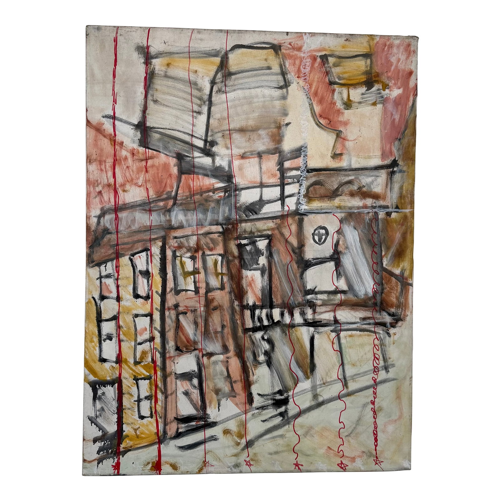 Unsigned Abstract Cityscape Acrylic Canvas Painting: This evocative abstract expressionist acrylic painting from the 1990s features a deconstructed urban cityscape rendered in moody earth tones, architectural black linework, and dramatic vertical
