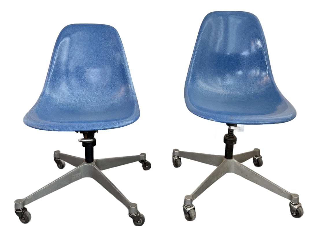 Pair of Eames for Herman Miller Blue Fiberglass Rolling Chairs (1 of 8)