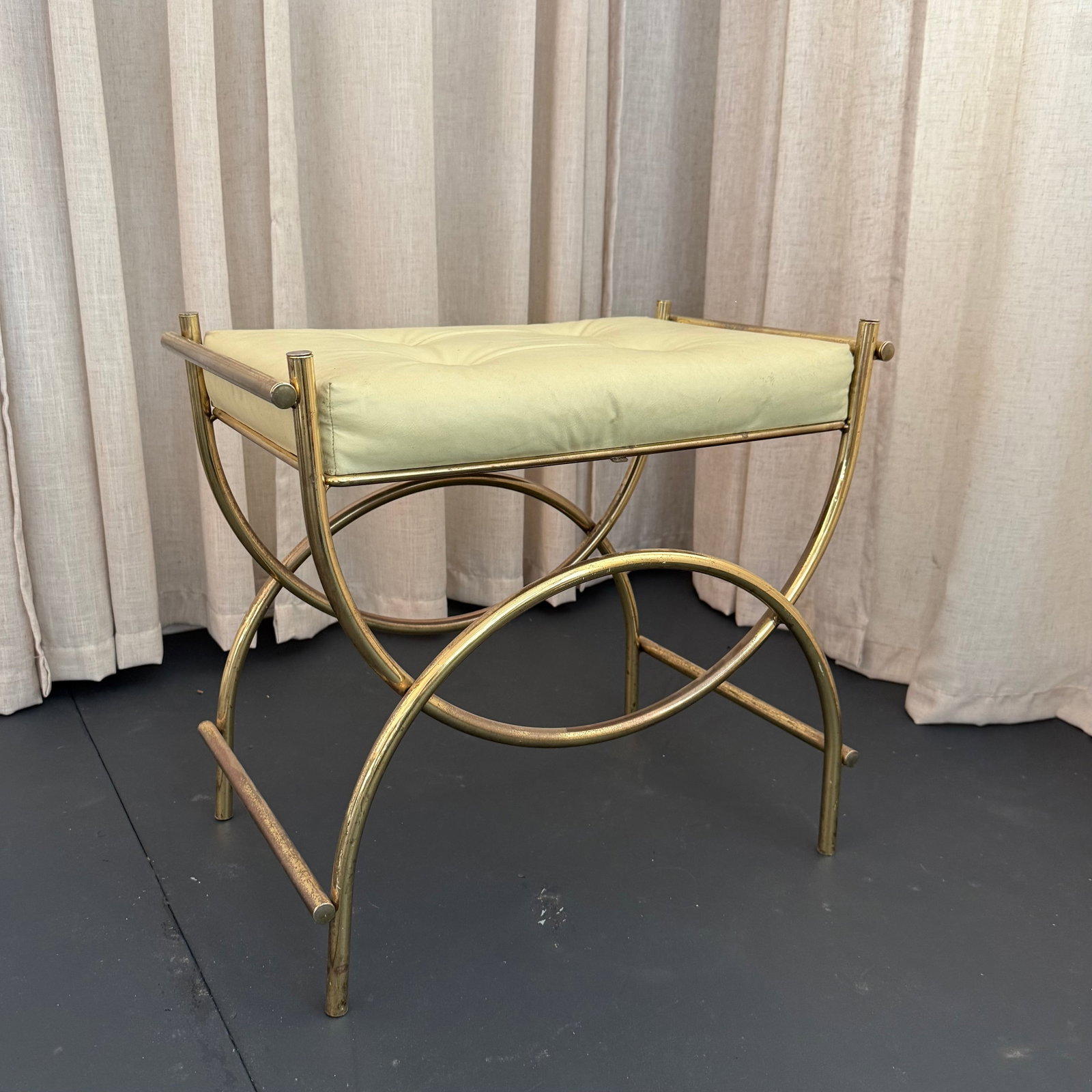 Hollywood Regency Brass Toned Tufted Vinly Curule Vanity Stool - 2