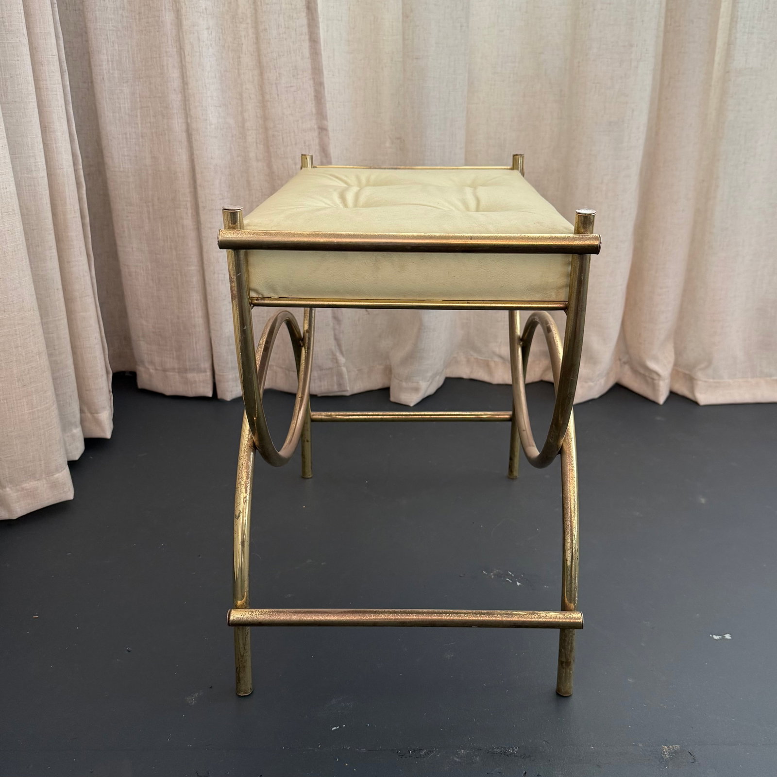 Hollywood Regency Brass Toned Tufted Vinly Curule Vanity Stool - 3