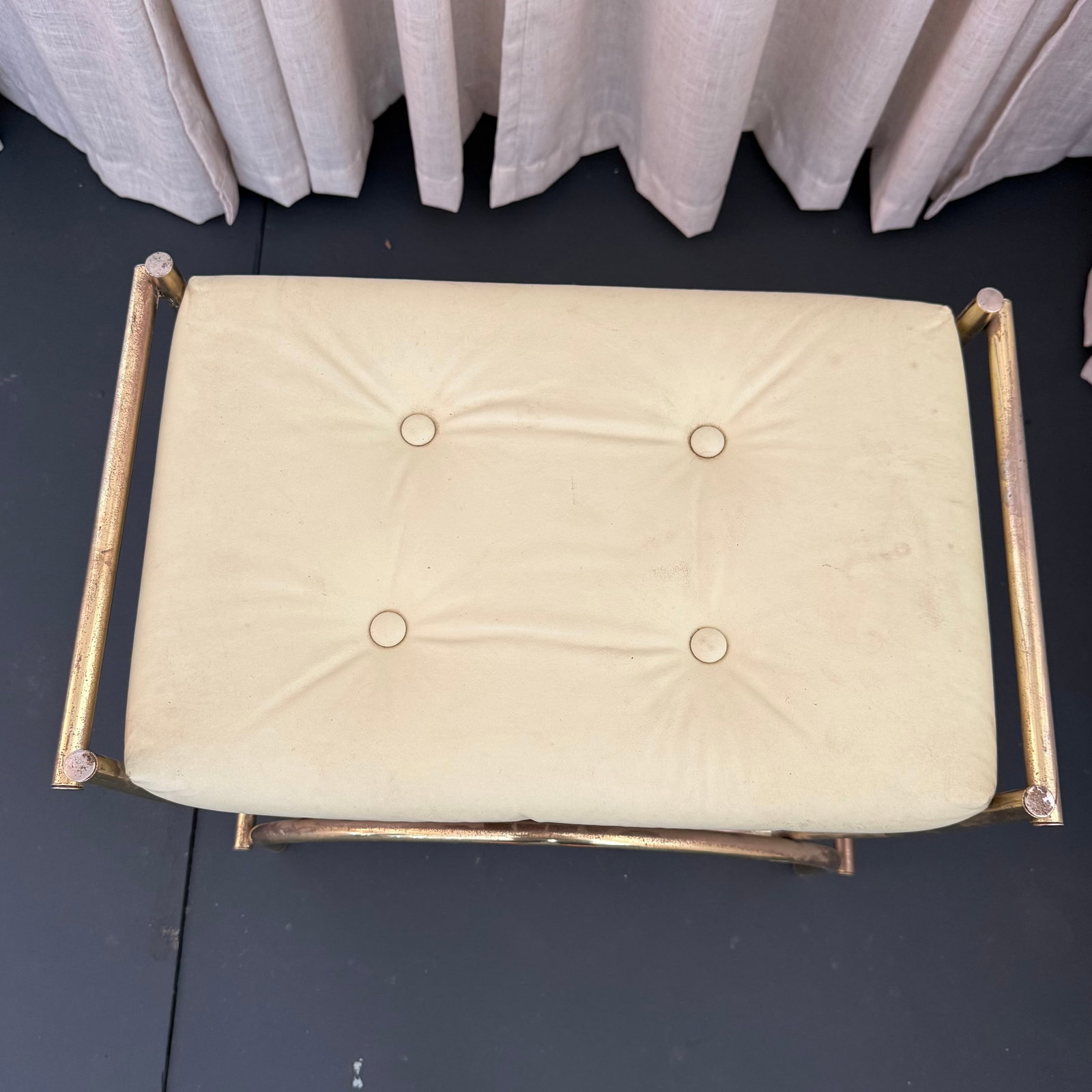 Hollywood Regency Brass Toned Tufted Vinly Curule Vanity Stool - 4