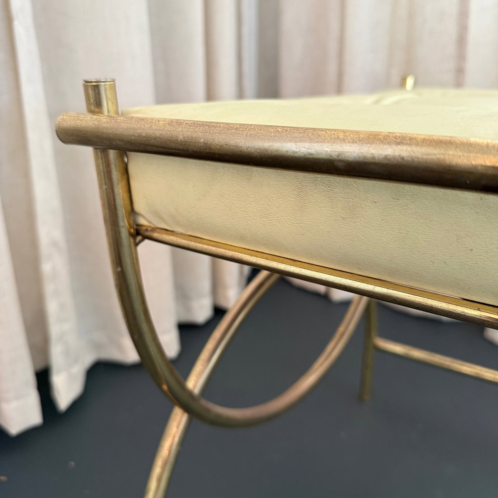 Hollywood Regency Brass Toned Tufted Vinly Curule Vanity Stool - 6