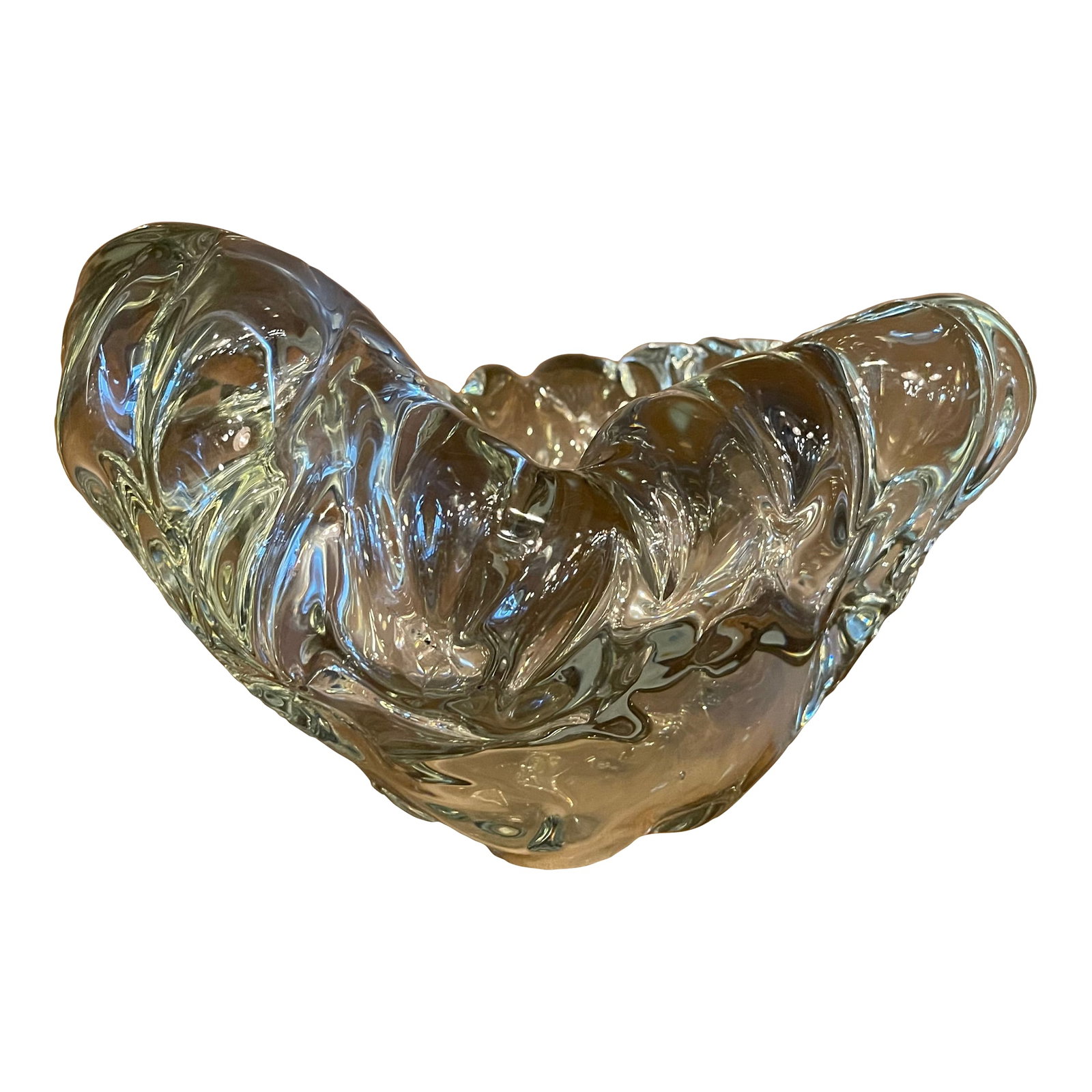 Mid 20th Century Biomorphic Freeform Art Glass Dish: Fluid, cloud like curves characterize this mid-century art glass dish. This biomorphic, freeform dish is made from heavy hand-blown glass and is of substantial weight. It's a gorgeous accent piece