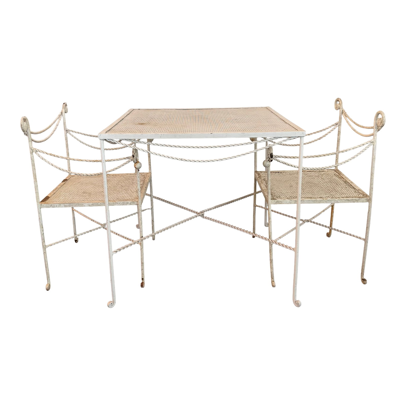Mid 20th Century Hollywood Regency Braided Wrought Iron and Mesh Patio Dining Set, 2 Pieces: This lovely mid-century Hollywood Regency patio dining set pairs a square dining table with two matching armchairs in an airy, elegant silhouette. This wrought iron set is dated from the 1950s. The me