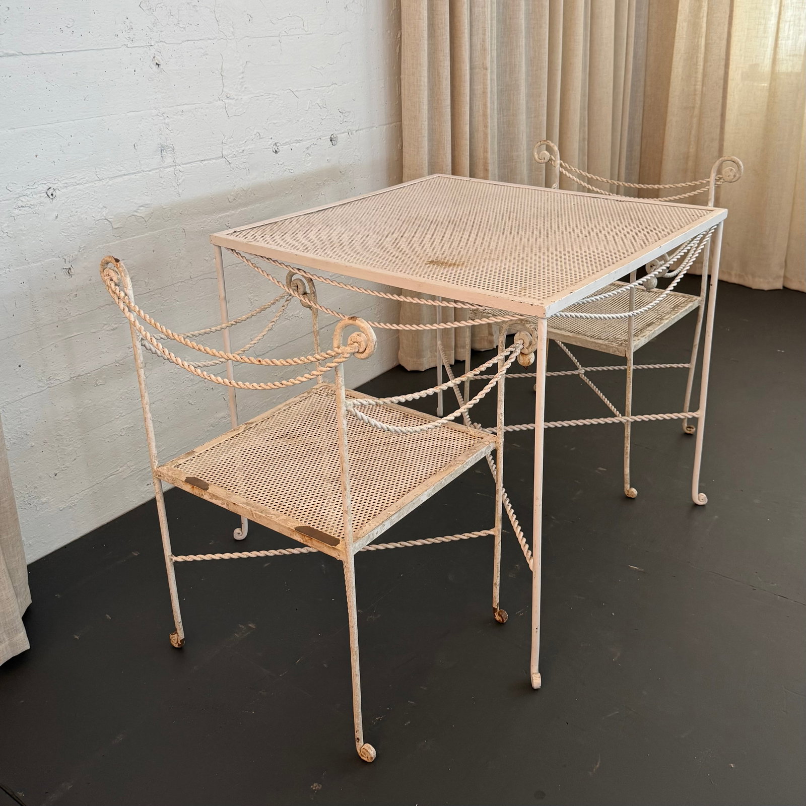 Mid 20th Century Hollywood Regency Braided Wrought Iron and Mesh Patio Dining Set, 2 Pieces - 2