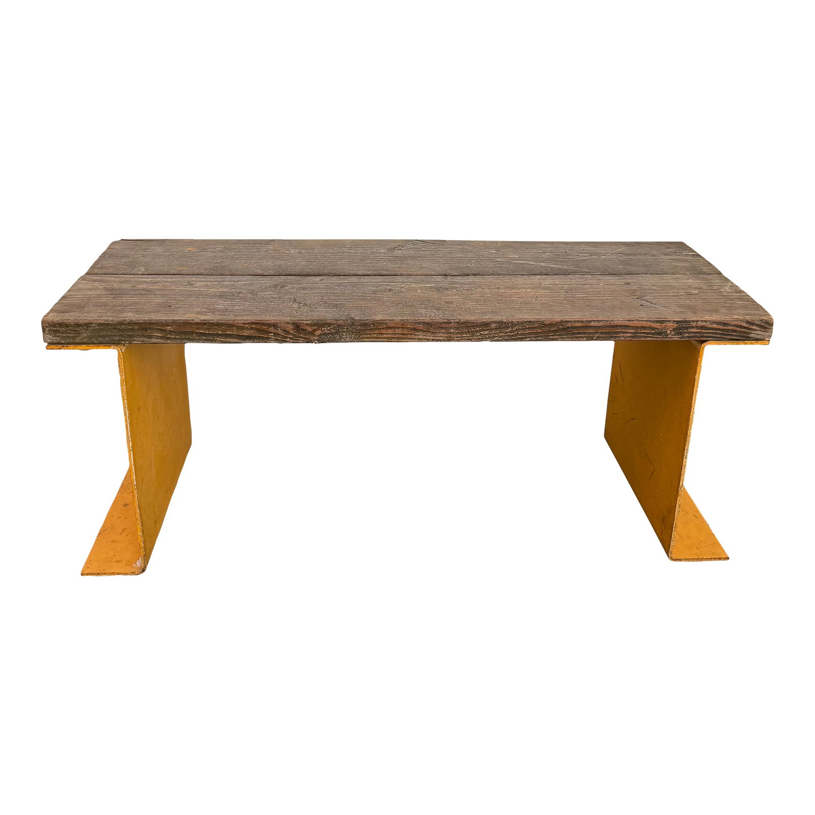 Late 20th Century Industrial Pine Wood and Yellow Steel Slat Bench or Coffee Table (1 of 7)