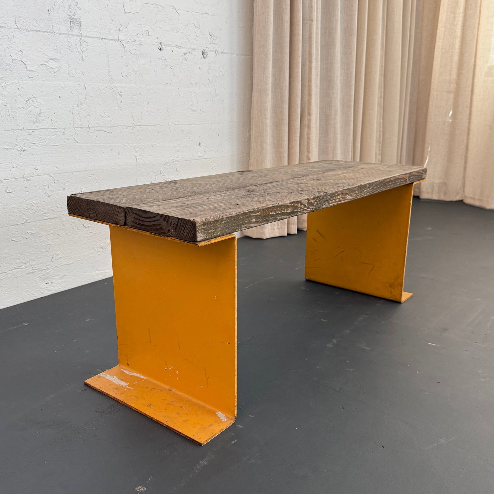 Late 20th Century Industrial Pine Wood and Yellow Steel Slat Bench or Coffee Table - 2