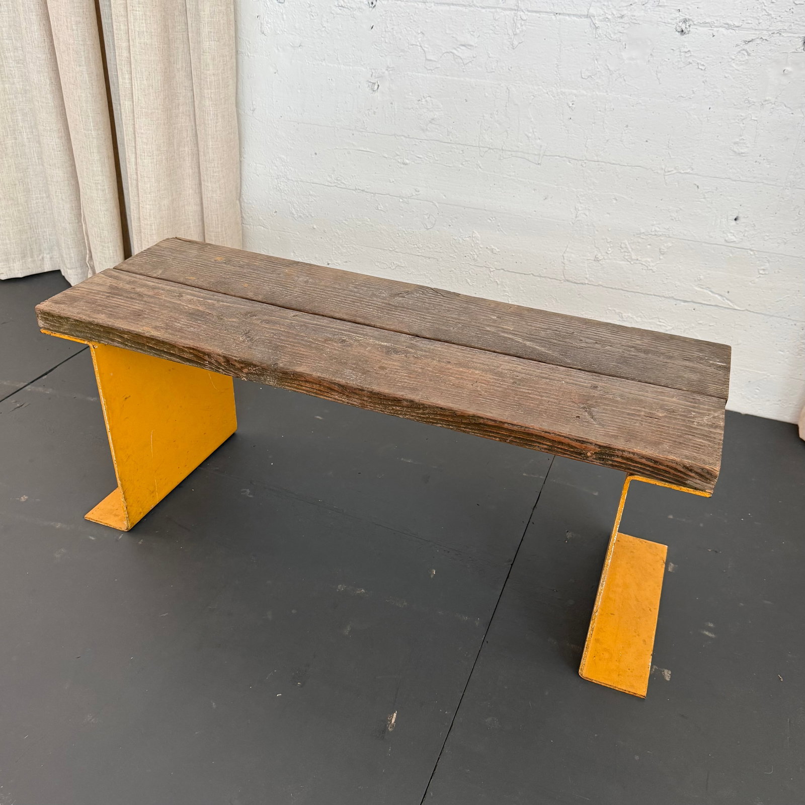 Late 20th Century Industrial Pine Wood and Yellow Steel Slat Bench or Coffee Table - 3