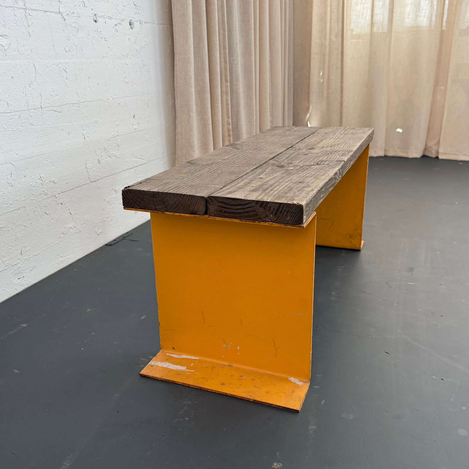 Late 20th Century Industrial Pine Wood and Yellow Steel Slat Bench or Coffee Table - 4