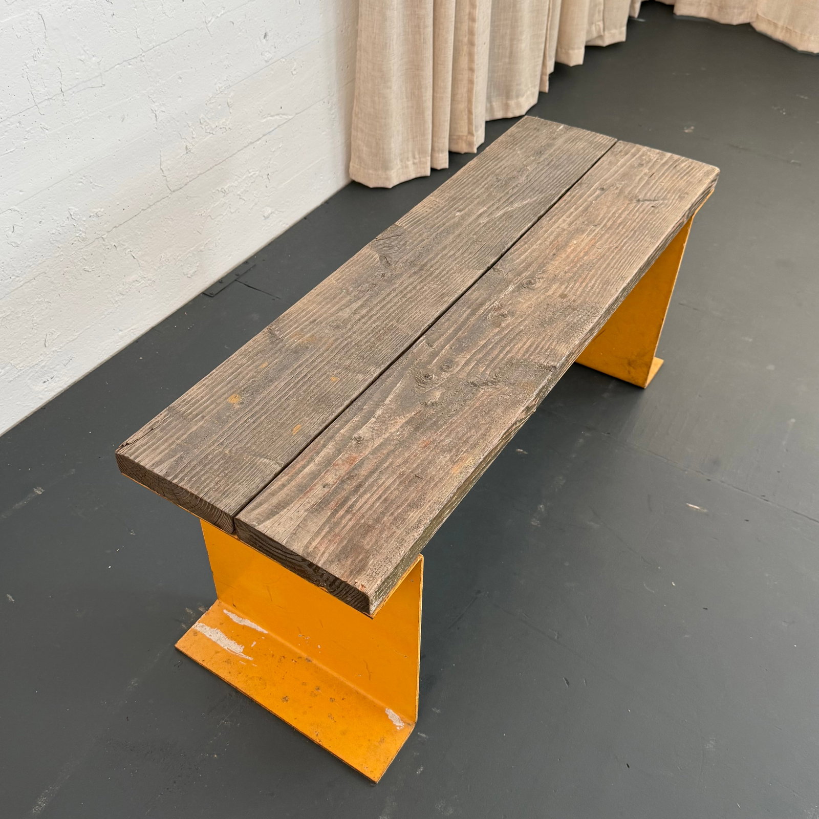 Late 20th Century Industrial Pine Wood and Yellow Steel Slat Bench or Coffee Table - 5