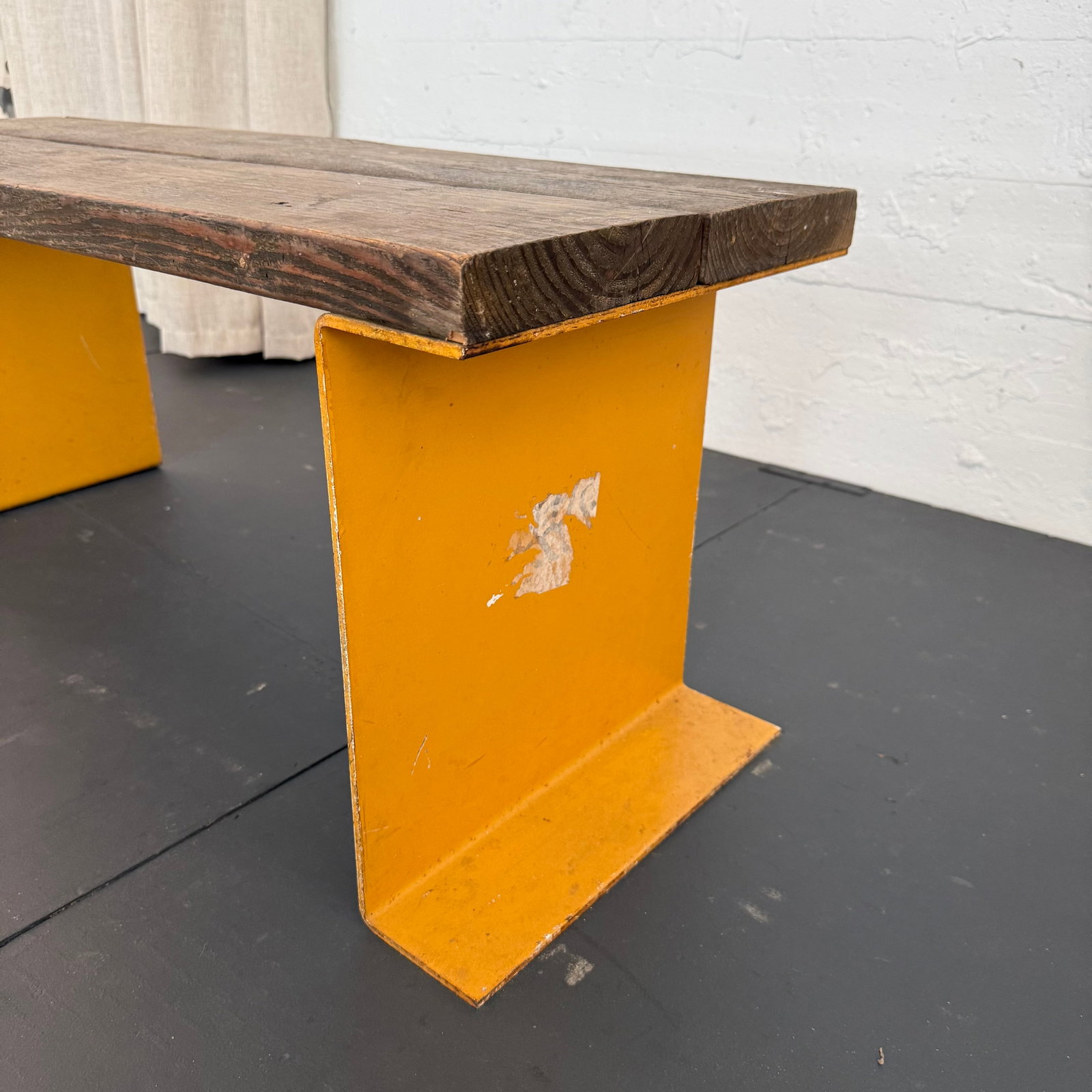 Late 20th Century Industrial Pine Wood and Yellow Steel Slat Bench or Coffee Table - 6