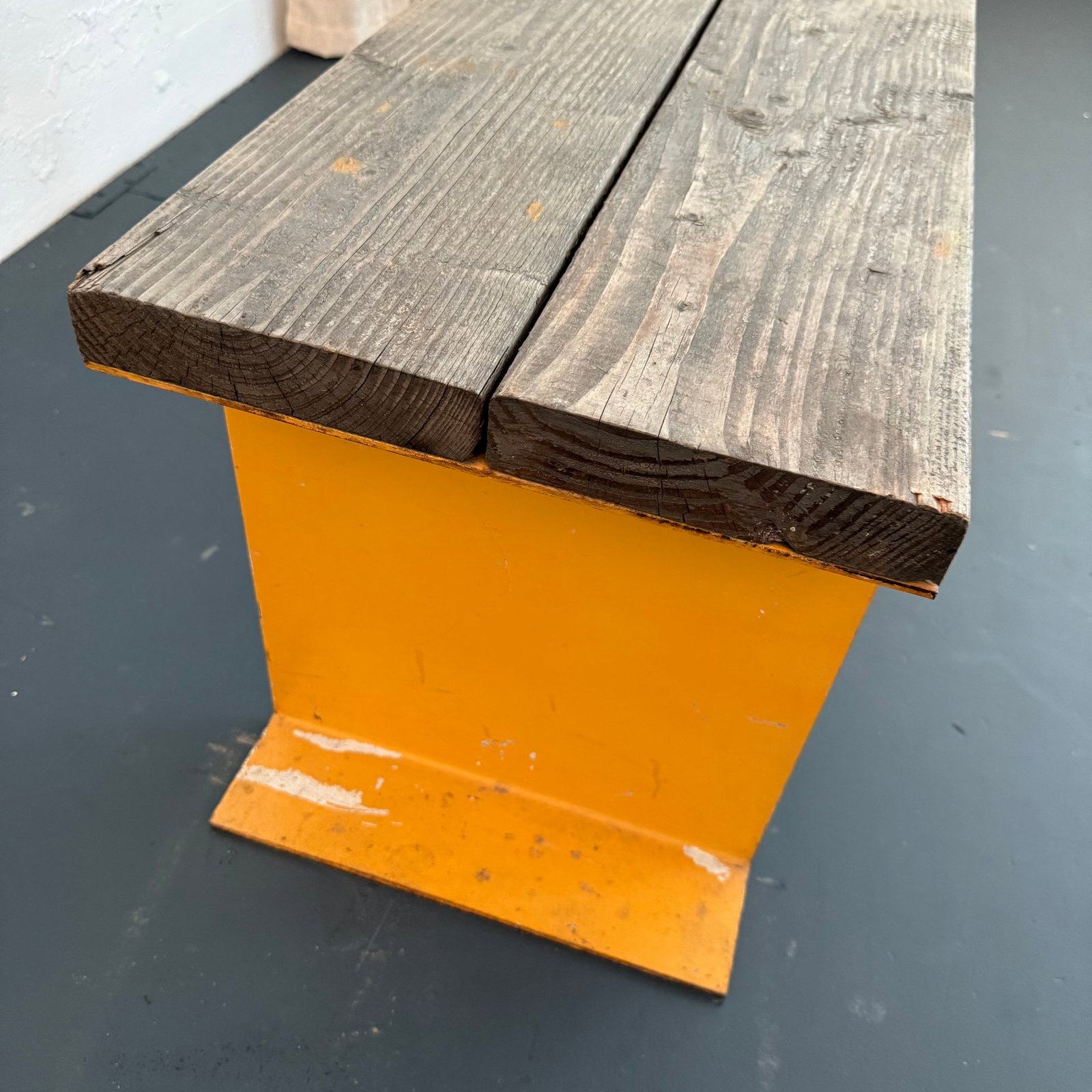 Late 20th Century Industrial Pine Wood and Yellow Steel Slat Bench or Coffee Table - 7
