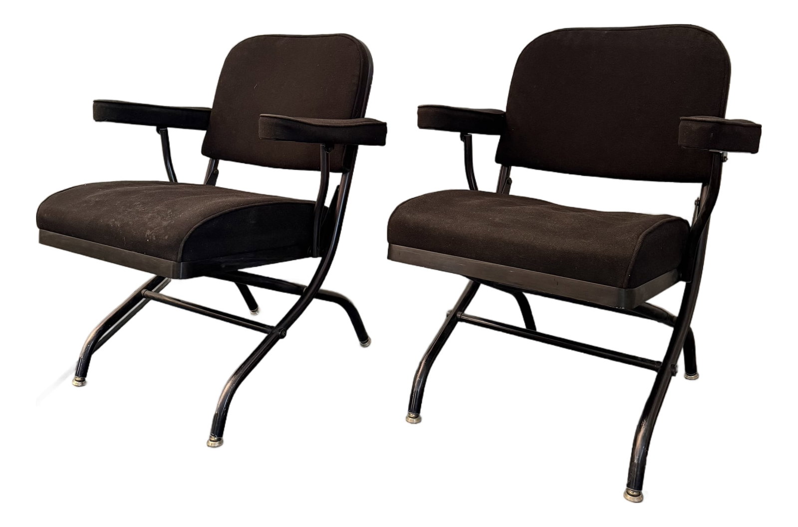 1940s Pair of Art Deco Warren McArthur for Mayfair Industries Folding Armchairs: This pair of 1940s folding armchairs was designed by Warren McArthur for Mayfair Industries. The chairs represent a triumph of Machine Age engineering and Art Deco design. Each chair showcases an