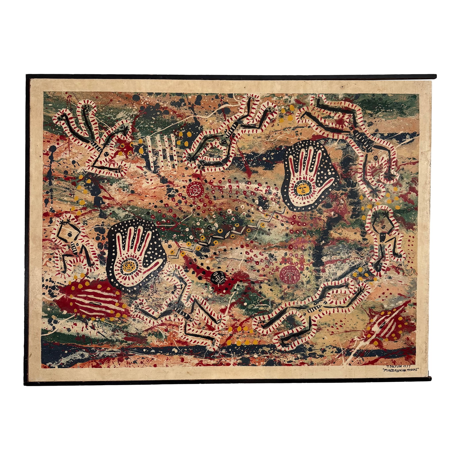 Large Abstract Folk Art Acylic Painting "Magdalenian Magike" by T. Dalton. 1977: Large, abstract, folk art painting entitled "Magdalenian Magike" signed by T. Dalton, 1977. The painting is in the Aboriginal Australian style that features a blurred background with dotted figures, h