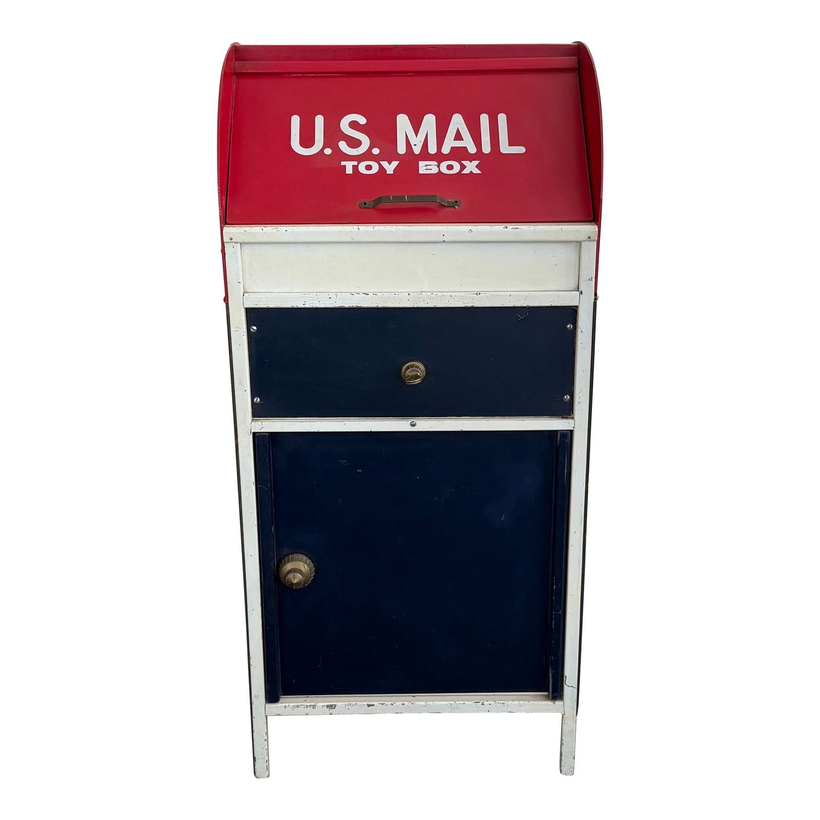 Mid 20th Century Red, White and Blue U.S. Mail Toy Box Storage Cabinet: This charming vintage storage cabinet captures a delightful slice of nostalgic Americana with its whimsical design inspired by a classic United States postal mailbox. Crafted with a sturdy frame, the