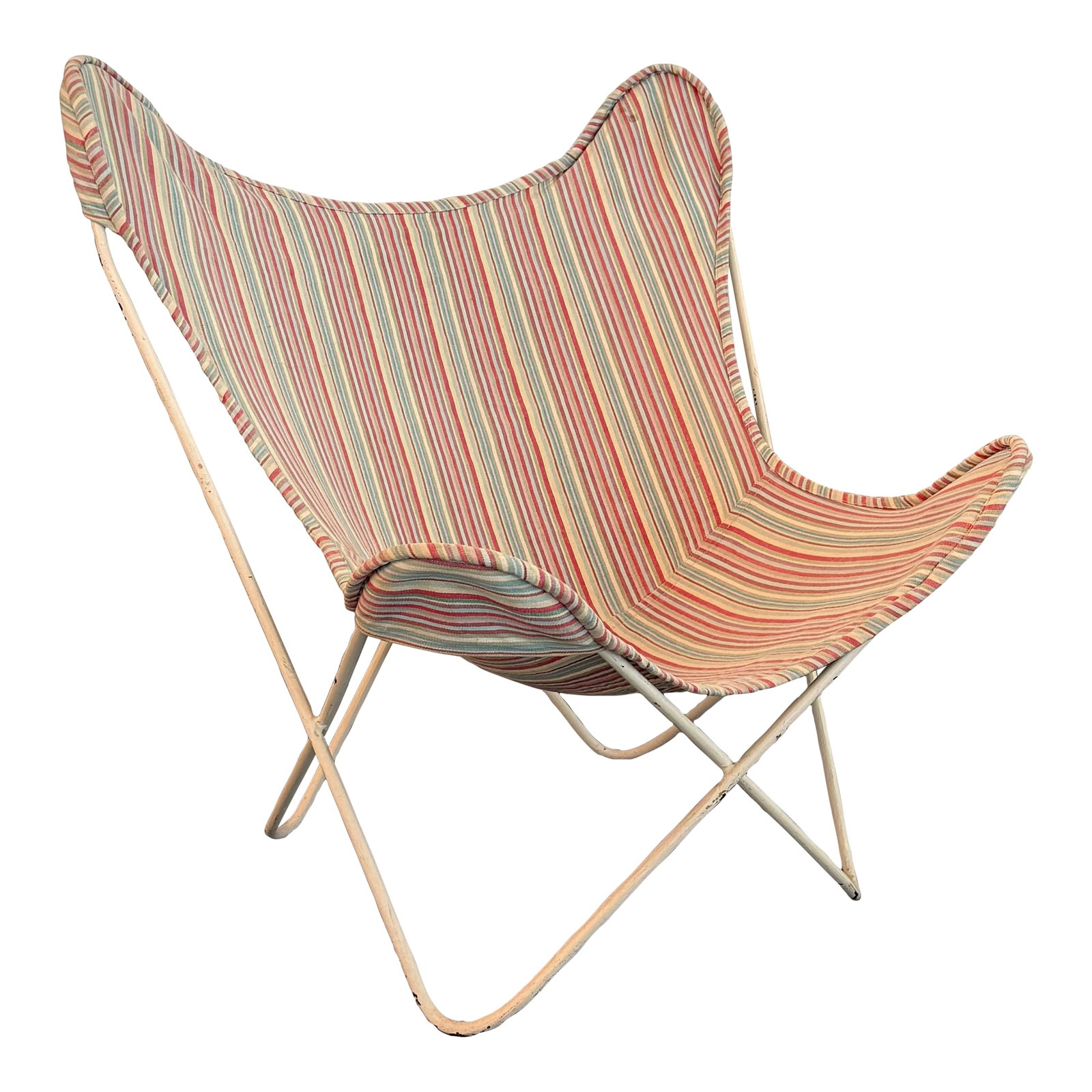 Mid-Century Modern BKF Butterfly Chair Attributed to Jorge Ferrari-Hardoy for Knoll: This iconic mid-century modern BKF Butterfly chair is attributed to Jorge Ferrari-Hardoy for Knoll. The Butterfly chair model consists of an open, criss-crossing, tubular wrought iron frame with a