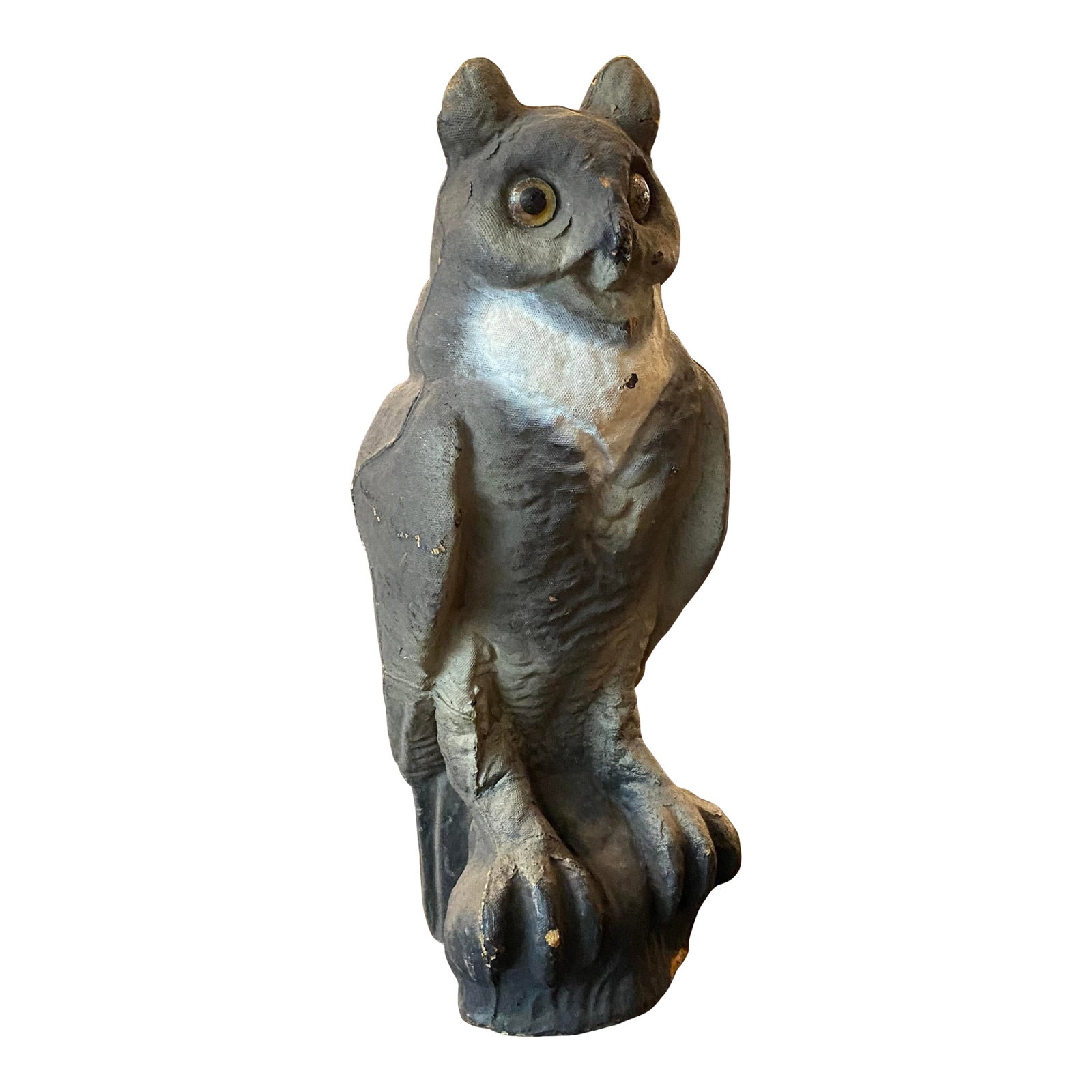 Mid 20th Century Paper Mache Great Horned Owl Decoy Statue: This folk art owl statue is a fantastic, character-rich piece crafted from lightweight paper-mache circa the mid 20th century. Designed as a hunting decoy or garden scarecrow, it features glass insert