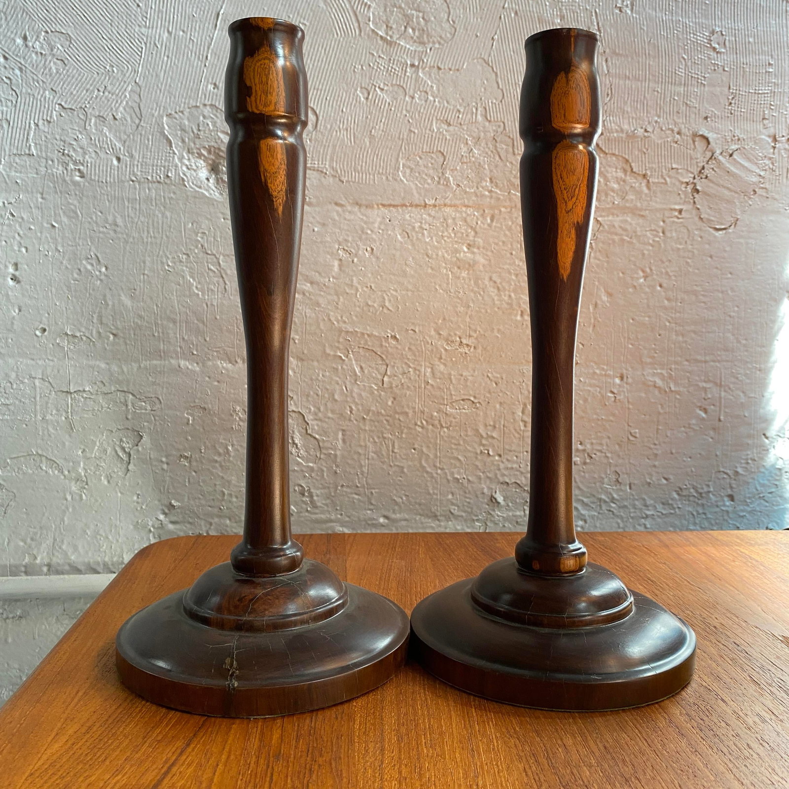 20th C. Pair of Mid-Century Modern Tall Turned Rosewood Candle Holders - 2