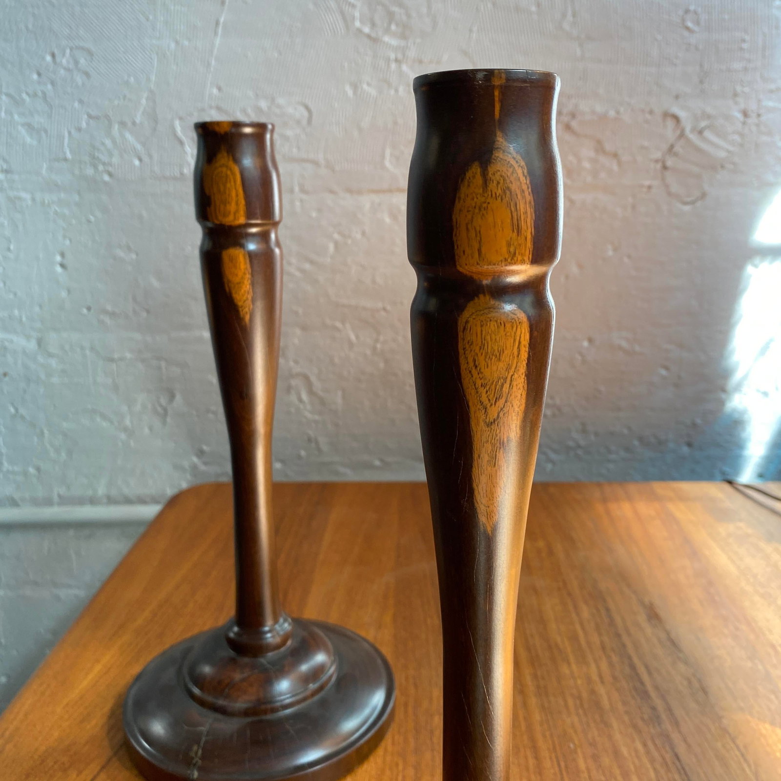 20th C. Pair of Mid-Century Modern Tall Turned Rosewood Candle Holders - 3