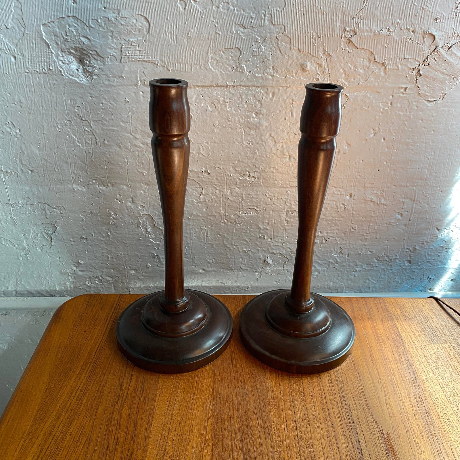 20th C. Pair of Mid-Century Modern Tall Turned Rosewood Candle Holders - 4