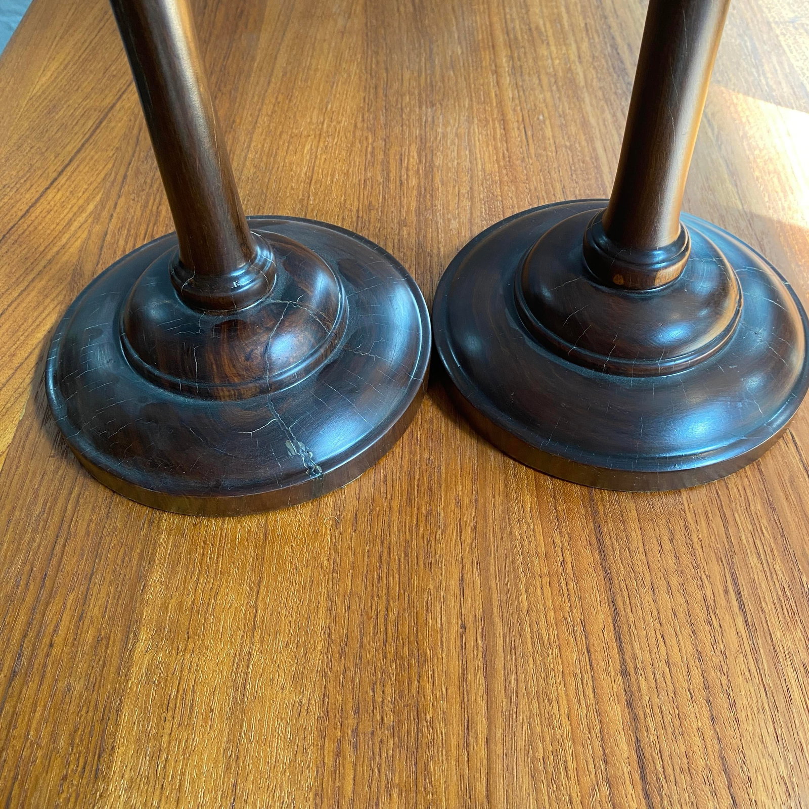 20th C. Pair of Mid-Century Modern Tall Turned Rosewood Candle Holders - 5