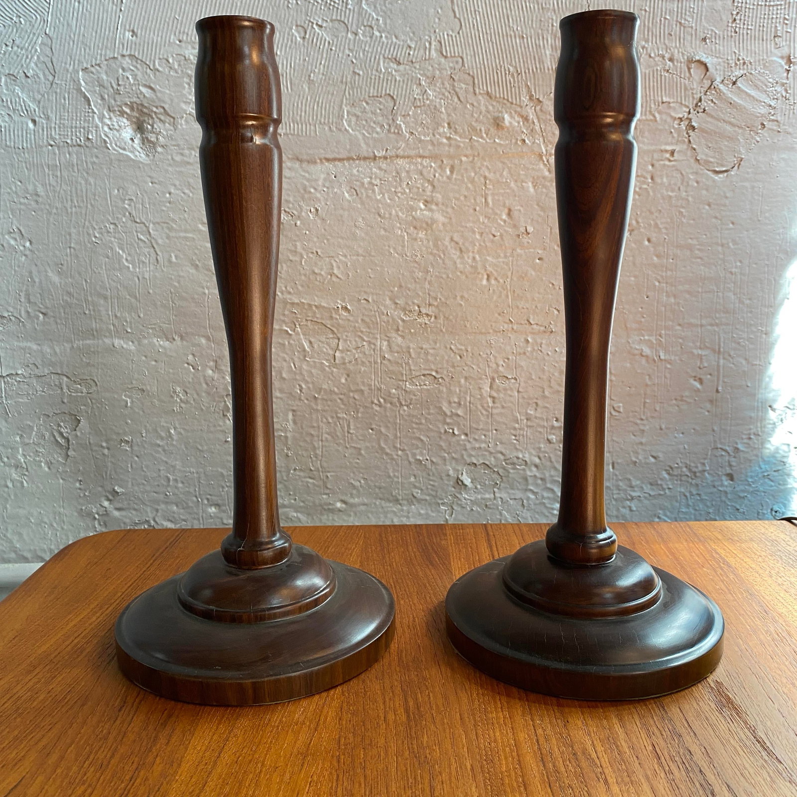 20th C. Pair of Mid-Century Modern Tall Turned Rosewood Candle Holders - 6